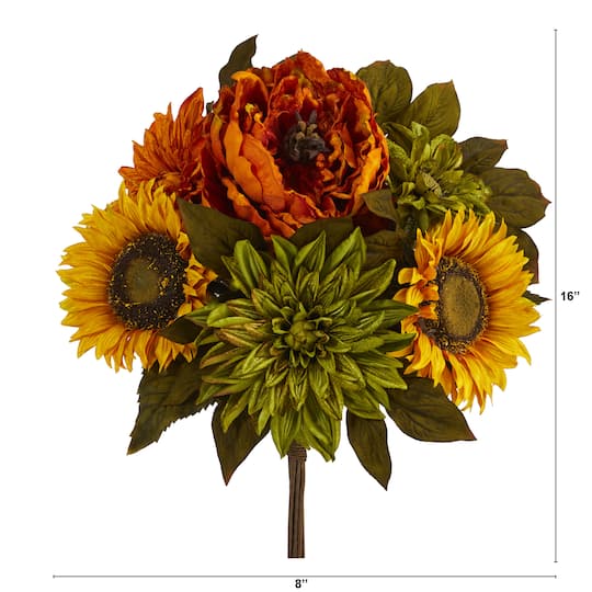 16" Orange Peony, Green Dahlia & Yellow Sunflower Bush, 2ct.